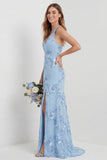 Light Blue Mermaid Embroidered V Neck Long Bridesmaid Dress with Slit