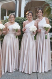 Light Pink One Shoulder A line Satin Long Bridesmaid Dress with Slit