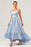 Blue A Line Strapless Brocade High Low Floral Bridesmaid Dress