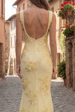 Mermaid Embroidered Yellow Square Neck Long Prom Dress with Pearls
