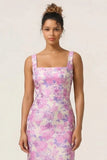Lilac Flower Sheath Square Neck Ankle Length Wedding Guest Dress