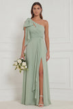 Sage A Line One Shoulder Long Bridesmaid Dress with Slit