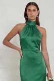 Green Halter Mermaid Satin Long Bridesmaid Dress with Streamer