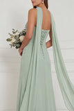 Strapless Ruched Sage Bridesmaid Dress with Scarf