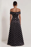 Off the Shoulder Black White Polka Dot A Line Maxi Formal Dress with Slit