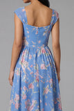 Floral Blue A Line Midi Wedding Guest Dress with Cap Sleeves