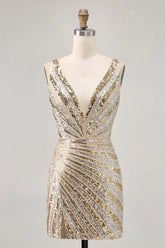 Sparkly Sequins Golden V Neck Backless Short Homecoming Dress