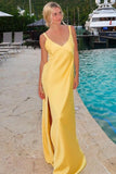 Sheath V Neck Tie Back Maxi Dress with Slit in Yellow