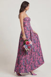 Fuchsia Strapless A Line Printed Corset Long Wedding Guest Dress
