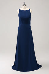 Navy Mermaid Backless Long Bridesmaid Dress with Sleeveless