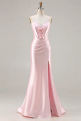 Pink Mermaid Corset Satin Spaghetti Straps Long Prom Dress with Slit