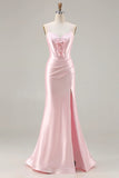 Pink Mermaid Corset Satin Spaghetti Straps Long Prom Dress with Slit