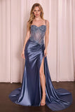 Teagan Gown Smoky Blue Fitted Satin Lace Dress
