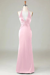 Blushing Pink Mermaid Halter V Neck Open Back Satin Ruched Long Bridesmaid Dress