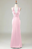 Blushing Pink Mermaid Halter V Neck Open Back Satin Ruched Long Bridesmaid Dress