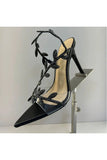 Black Slingback Open Toe Stiletto High Heels with Rhinestones