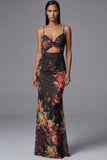 Mermaid Ruched Black Cut Out Floral Formal Dress with Lace up Back