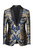 Mens Royal Blue Shawl Lapel One Button Jacquard Prom Blazer