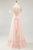 Dusty Sage A line Off The Shoulder Chiffon Long Bridesmaid Dress with Slit