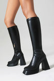 Sleek Black High Heel Knee High Boots with Chunky Block Heel and Side Zipper