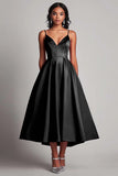 Black A Line Satin Spaghetti Straps Formal Dress
