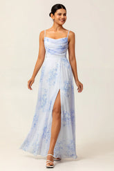 Blue A Line Spaghetti Straps Print Floral Chiffon Maxi Bridesmaid Dress with Slit