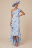 Light Blue Floral Mermaid Ruffled One Shoulder High Low Mother of the Bride Dress