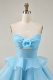 Cute A Line Tiered Strapless Cut Out Blue Short Homecoming Dress