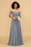 Grey Blue A Line Off the Shoulder Long Chiffon Bridesmaid Dress