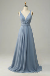 Dusty Blue A Line Deep V Neck Chiffon Bridesmaid Dress