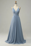 Dusty Blue A Line Deep V Neck Chiffon Bridesmaid Dress