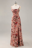 Dusty Rose Flower Spaghetti Straps Corset Ruched Long Bridesmaid Dress with Slit