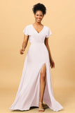 A Line V Neck Ruched Chiffon Bridesmaid Dress with Slit