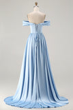 Off the Shoulder A Line Blue Satin Long Bridesmaid Dress with Slit