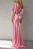 Pink Mermaid V Neck Satin Long Formal Dress with Sleeves