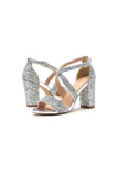 Silver Sequined Cross Straps Open Toe Chunky Heels