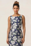 Navy Flower Sheath Printed Ankle Length Wedding Guest Dress with Slit