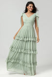 Dusty Sage A Line V Neck Long Knitted Chiffon Bridesmaid Dress With Ruffles