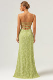 Green Mermaid Floral Jacquard Long Bridesmaid Dress with Lace Up Back