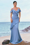 Grey Blue Cold Shoulder A Line Chiffon Long Bridesmaid Dress with Ruffles