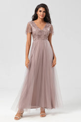 A Line V Neck Embroidered Tulle Dusty Pink Bridesmaid Dress with Beading