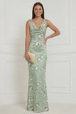 Sage Green Floral Mermaid Satin Long Bridesmaid Dress