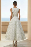 Light Green Floral A Line Midi Wedding Guest Dress with Pockets