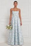 Floral Printed Blue White A Line Long Bridesmaid Dress