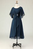 Navy A Line Ruched Chiffon Short Sleeves Chiffon Midi Dress with Rhinestones