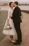 Vintage Short Casual Simple Long Sleeve A line Tea length Plunging Neckline Satin Wedding Dress