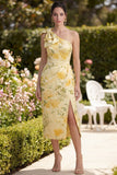 Sheath Floral One Shoulder Yellow Wedding Guest Dress with Slit