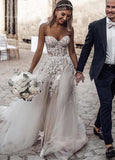 A line Tulle Skirt Floral Lace Sweetheart Wedding Dresses Backless