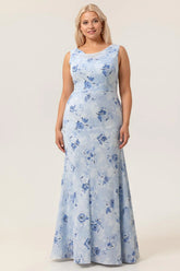 Blue Sheath Open Back Print Floral Chiffon Long Plus Size Bridesmaid Dress