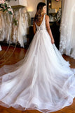 Ivory A Line Deep V Neck Backless Long Wedding Dress with Lace